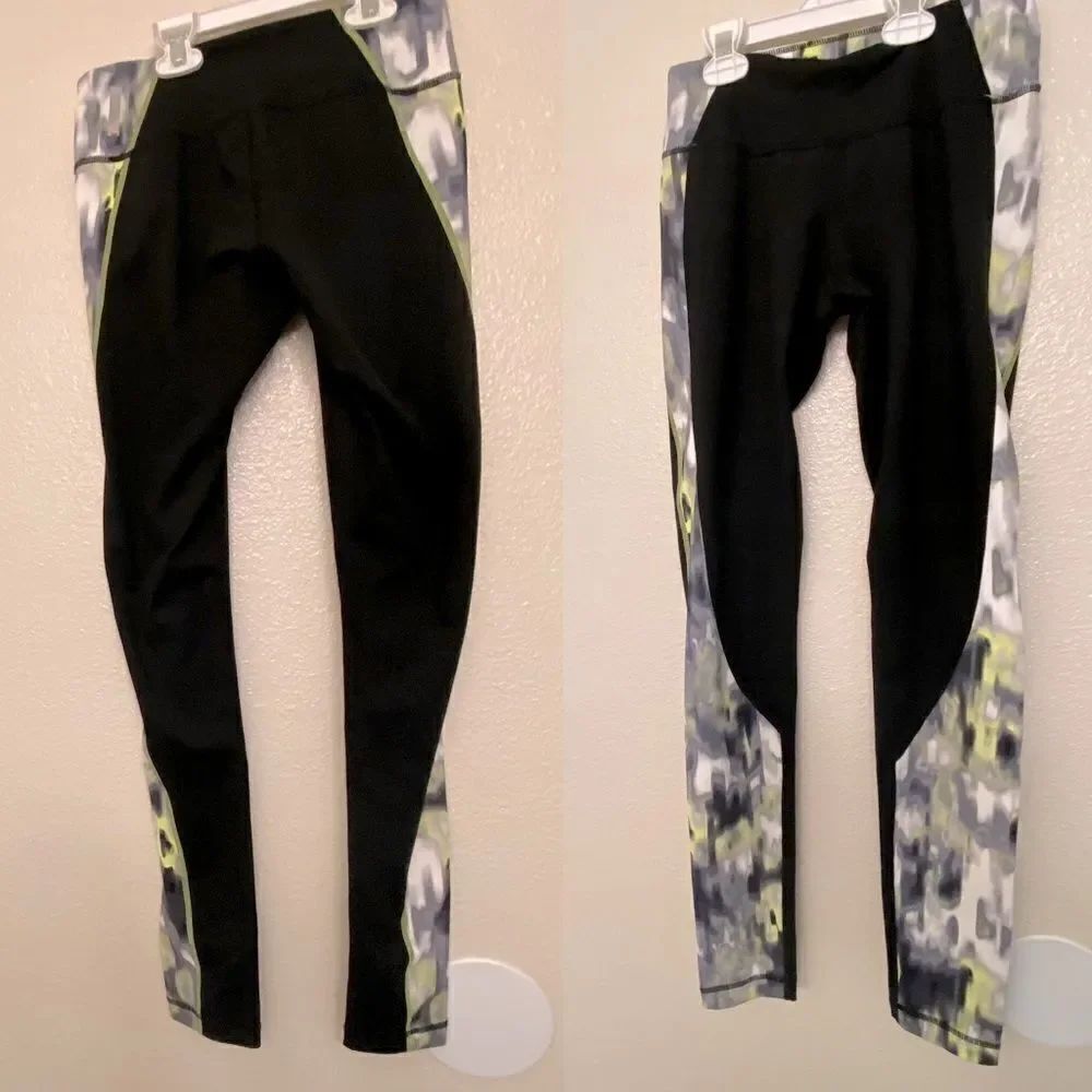Zella Womens Stretch mid rise full length Leggings black, print sides XS